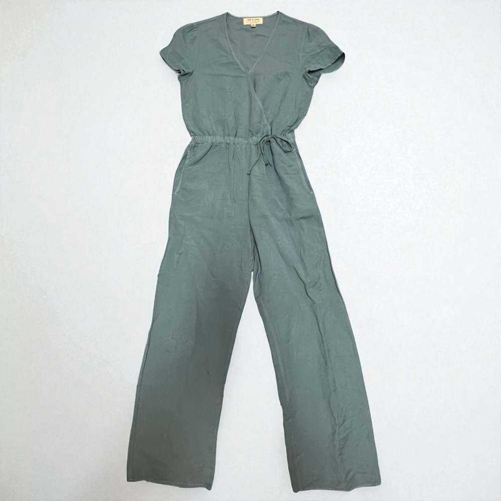 Cloth & Stone Anthropologie Linen Blend Jumpsuit Blue Wrap Short Sleeve Size M - Picture 16 of 16